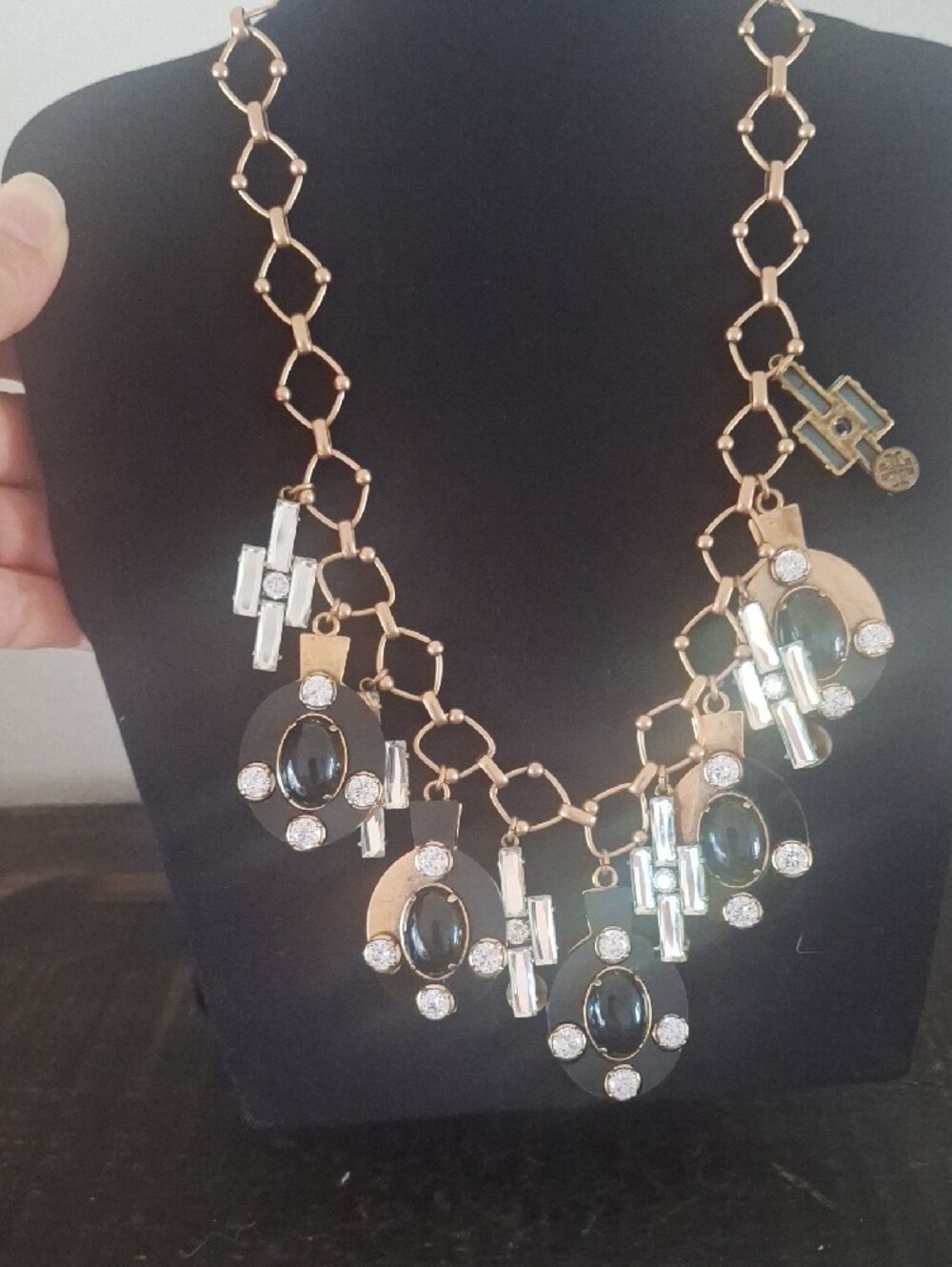 Tory Burch Gold Tone Statement Necklace with Black Cabochon and Crystal Accents